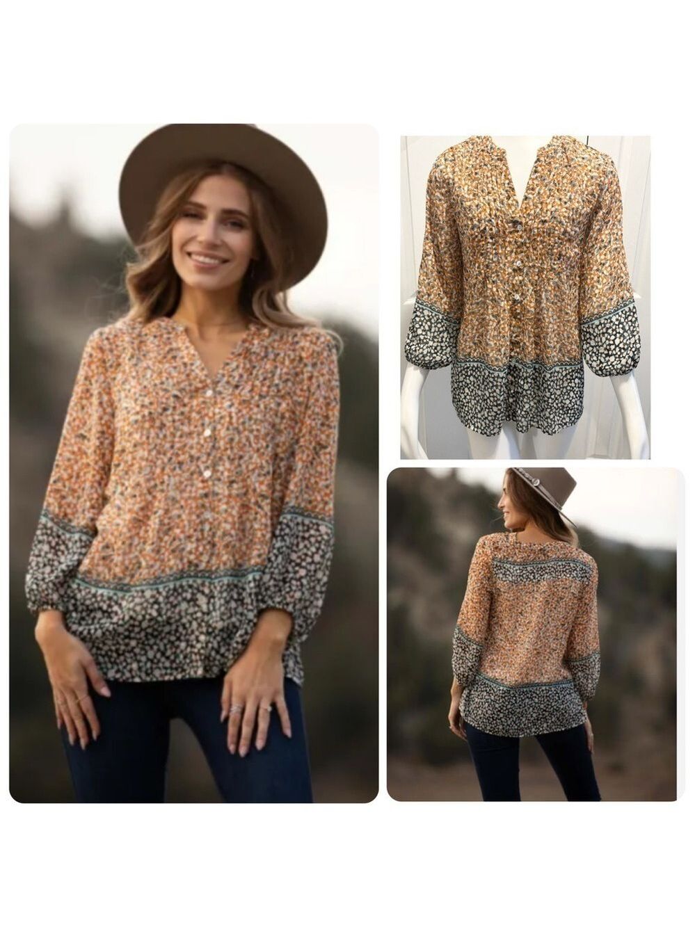 Anthropologie Fig and Flower Boho Sheer Balloon Sleeve Floral Blouse Size Medium